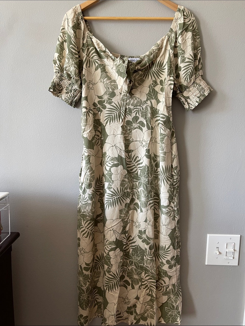 Mimi Chica Cotton Olive & Cream Tropical Maxi Dress with pockets romantic femini